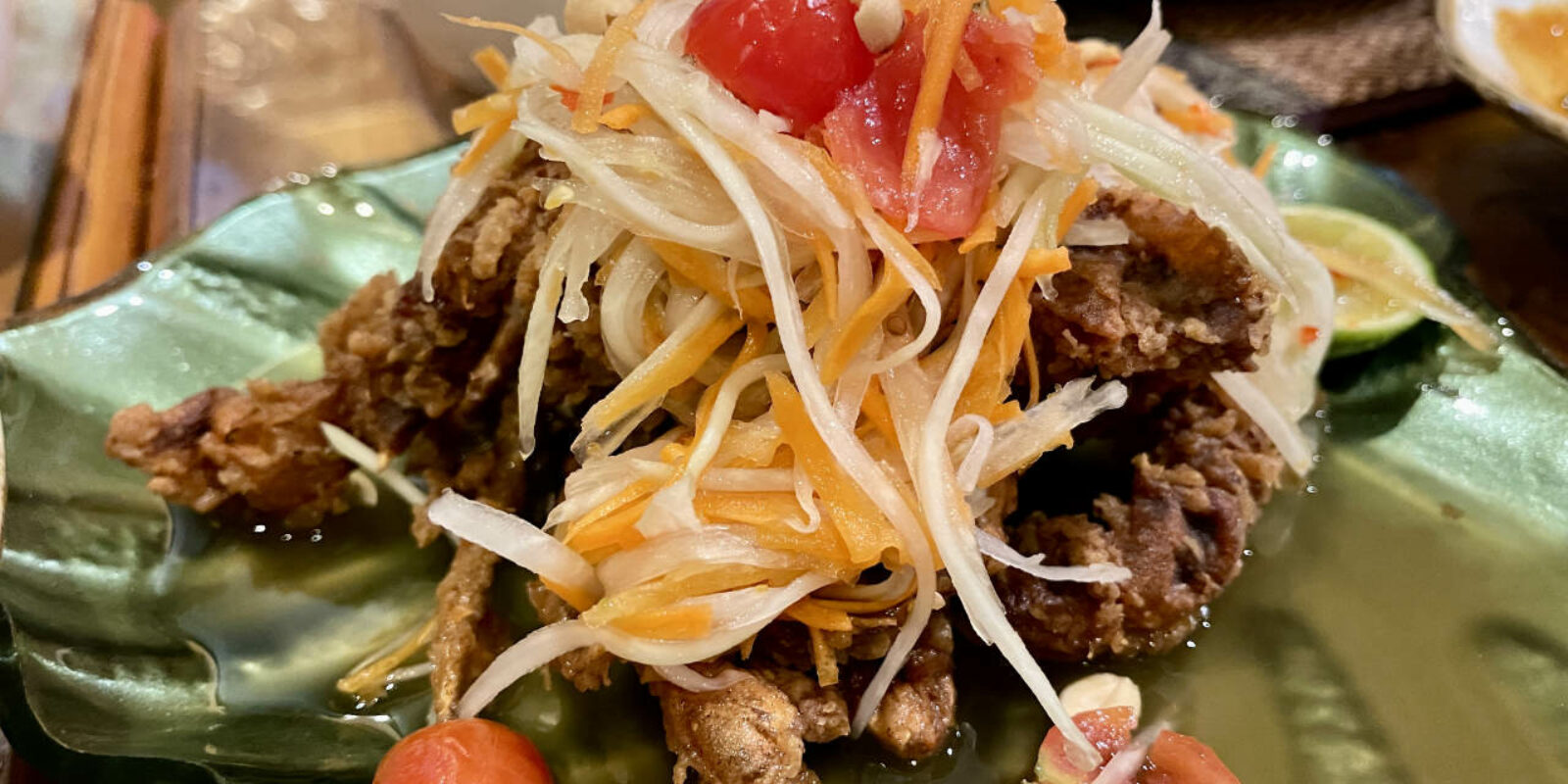 Thai Basil Bath Fried Soft Shell Crab Papaya Salad